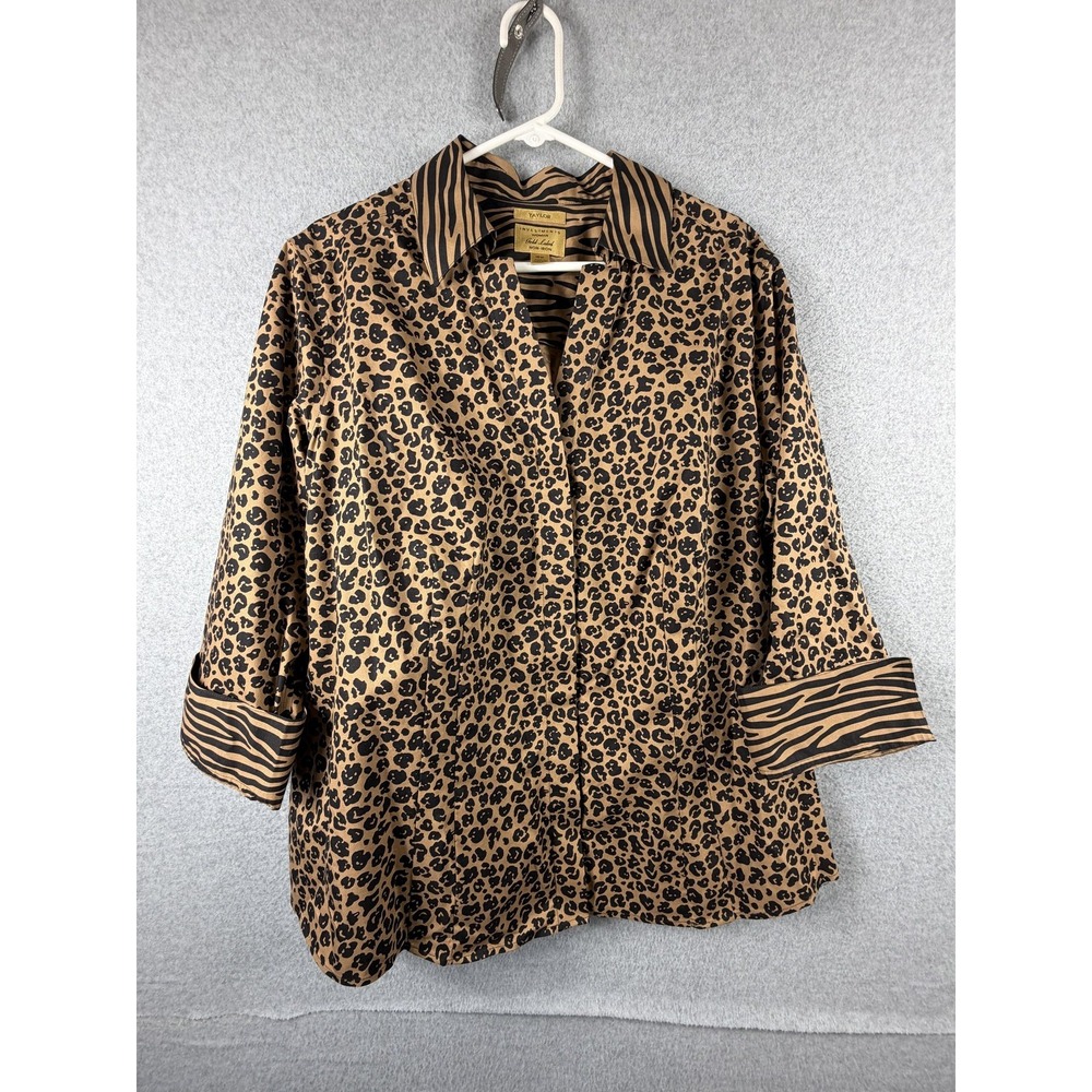 Taylor Shirt‎ Womens 18W Brown Leopard Animal Print Button Up 3/4 Sleeve Top